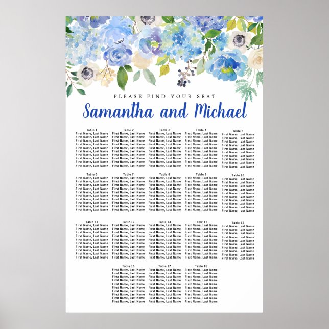Große Blue Hydrangea 18-Tisch-Sitzkarte Poster (Vorne)