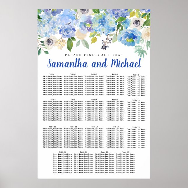 Große Blue Hydrangea 19-Tisch-Sitzkarte Poster (Vorne)