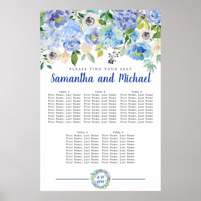 Große Blue Hydrangea 5-Tisch-Sitzkarte Poster (Vorne)