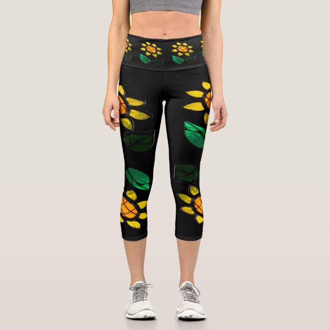 Große Blume Hartglas Schwarze Capri Leggings (Vorderseite)