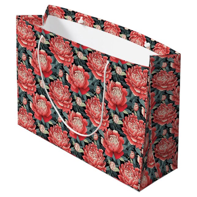 Große Blumen-Geschenktasche mit antiken korallenro Große Geschenktüte (Rückseite Schrägansicht)