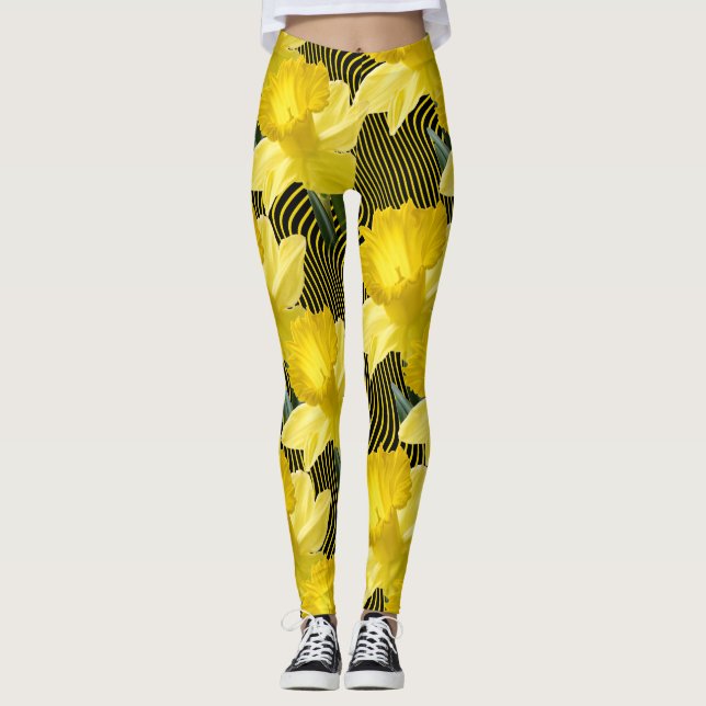 Große Blumennarzissen-gewellter gelber Streifen Leggings (Vorderseite)