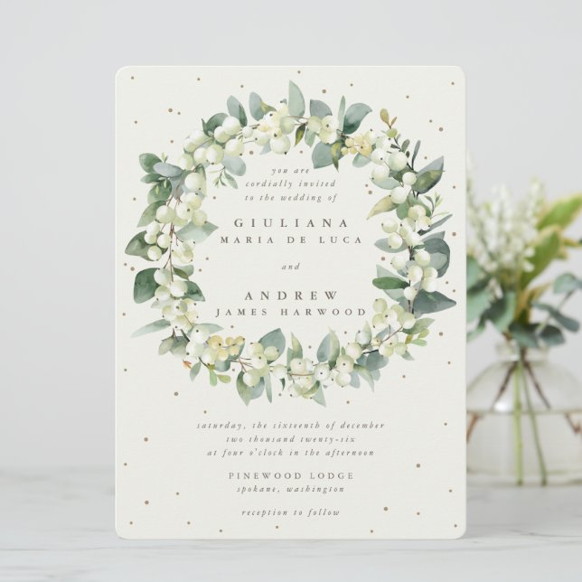 Große Creme Snowberry + Eukalyptus Wreath Wedding Einladung (Stehend Vorderseite)