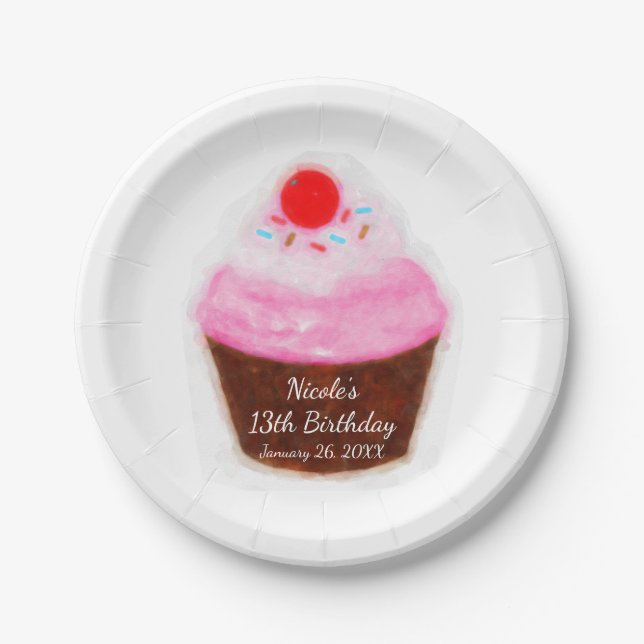 Große Cupcake- und Kirsch-Wasserfarben-Party Pappteller (Vorderseite)