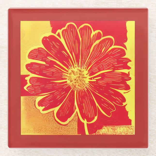 Große Daisy Aster in Rot, Gelb und Safron Glasuntersetzer (Vorderseite)
