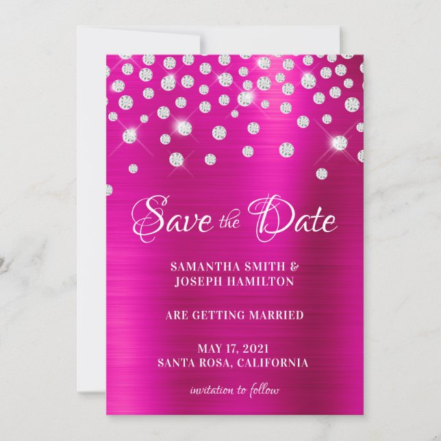 Große Diamond Confetti Hot Pink Ombre Folie Save The Date (Vorderseite)