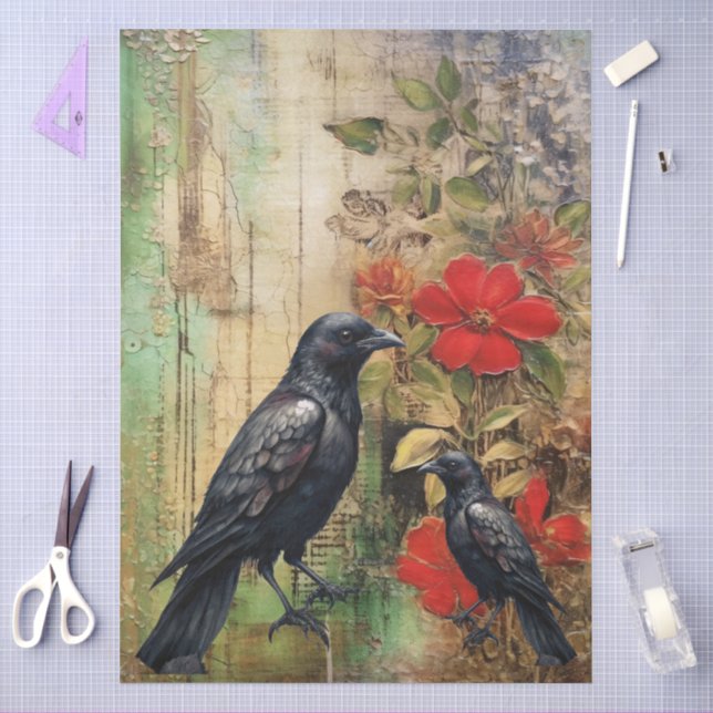 Große, elegante, gestresste Florals & Raven Dekoup Seidenpapier (Basteln)