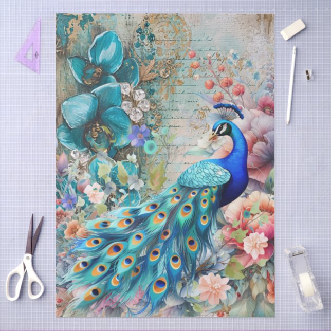 Große elegante Pfaue & Florals Dekoupage Seidenpapier (Basteln)