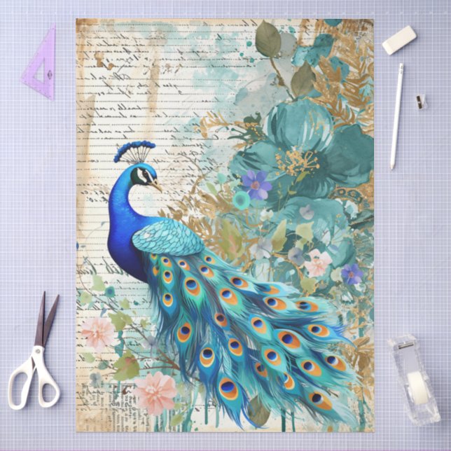 Große elegante Pfaue, Florals & Script Decoupage Seidenpapier (Basteln)