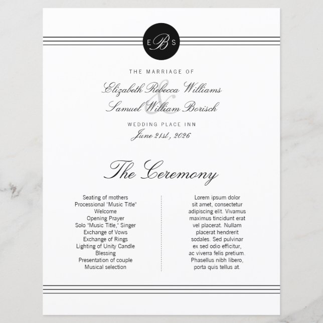 Große, elegante Schwarz-weiße Monogramm-Hochzeitsp (Vorderseite)