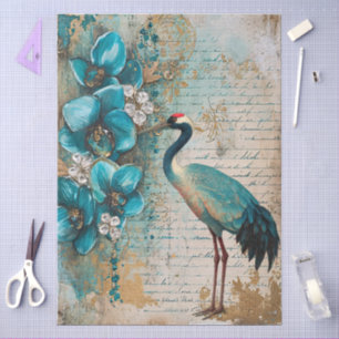 Große elegante Wasserfarben Florals & Crane Decoup Seidenpapier