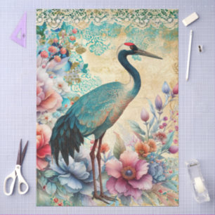 Große elegante Wasserfarben Florals & Crane Decoup Seidenpapier