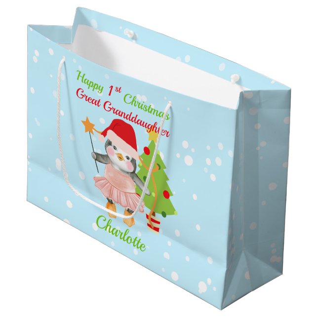 Große Enkeltochter Happy 1. Weihnachtspenguin Geschenktüte (Vorderseite Schrägansicht)