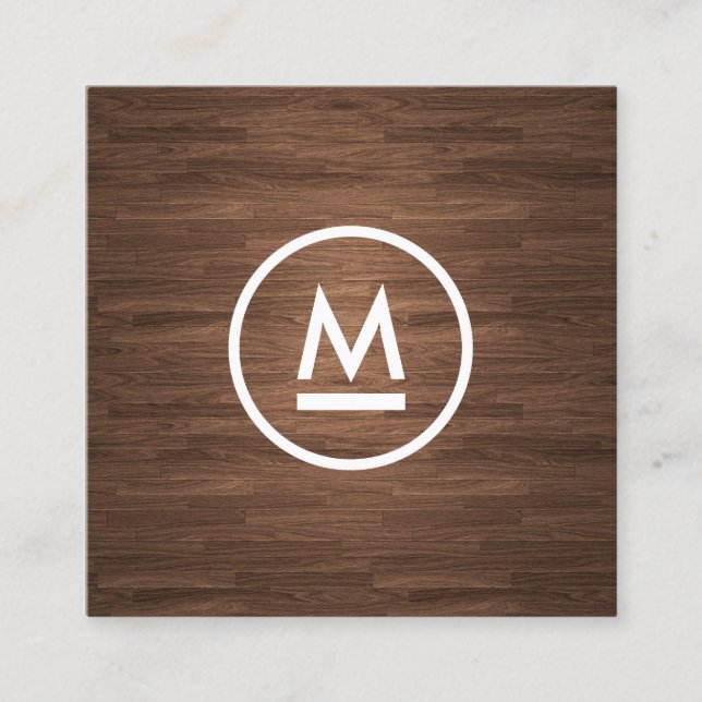 Große erste moderne Monogramm auf dem braunen Holz Quadratische Visitenkarte (Vorderseite)