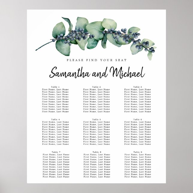 Große Eukalyptus Berry 9-Tisch-Sitzkarte Poster (Vorne)