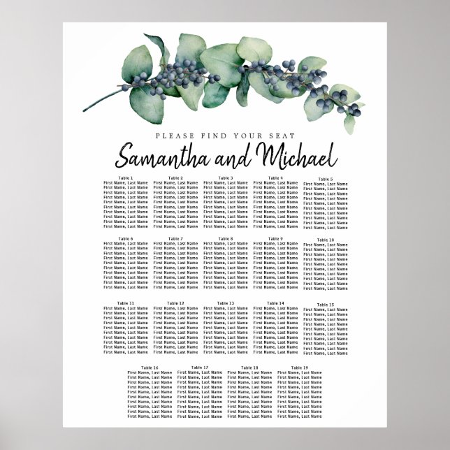 Große Eukalyptus-Botanische 19-Tisch-Sitzkarte Poster (Vorne)