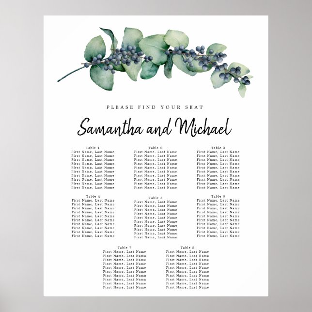 Große Eukalyptus-Botanische 8-Tisch-Sitzkarte Poster (Vorne)