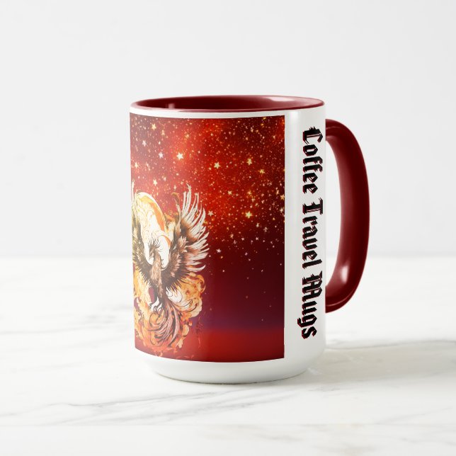 Große farbenfrohe Sterne auf schimmerndem rotem Hi Tasse (VorderseiteRechts)
