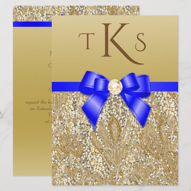Große Faux Gold Sequins Royal Blue Bow Wedding Einladung (Vorne/Hinten)