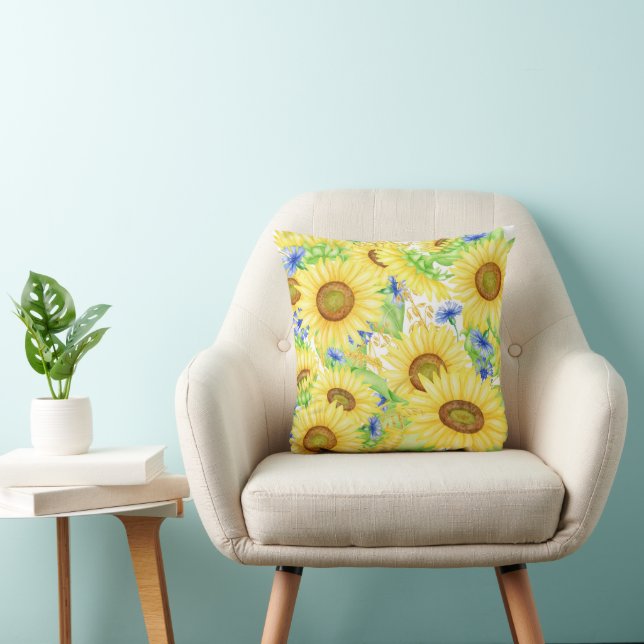 Große, fette gelbe Sonnenblumen mit Blau Kissen (Stuhl )