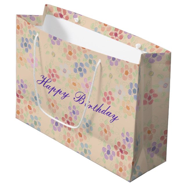 Große Flower Happy Geburtstagsgeschenke Große Geschenktüte (Vorderseite Schrägansicht)