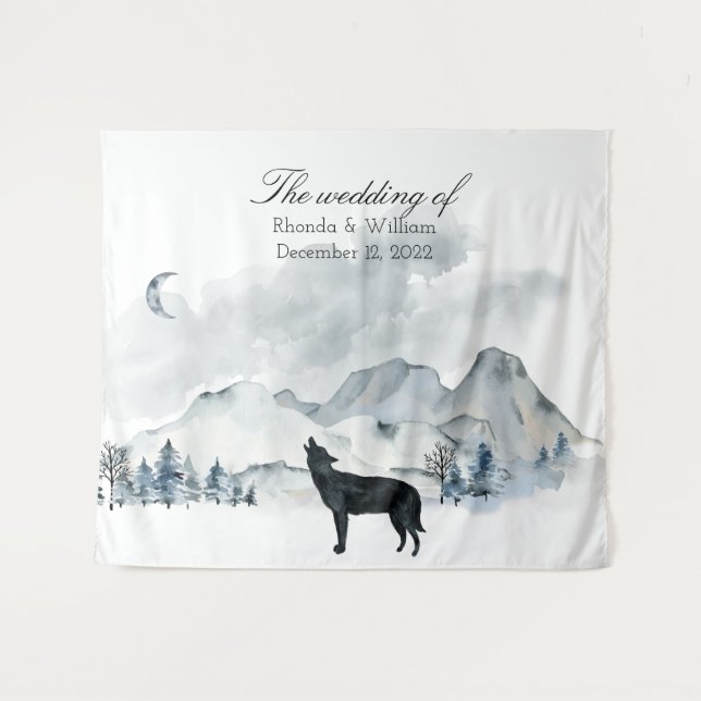 Große Foggy Mountains Aquarell Hochzeitsband Wandteppich (Vorderseite (Horizontal))
