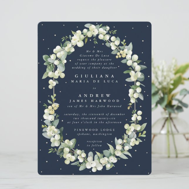 Große formelle Navy-Snowberry + Eukalyptus-Hochzei Einladung (Stehend Vorderseite)