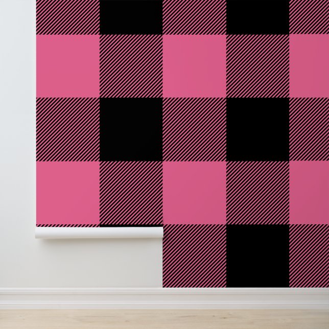 Große französische Rosa und Black Buffalo Kariert Tapete (Anwendung)