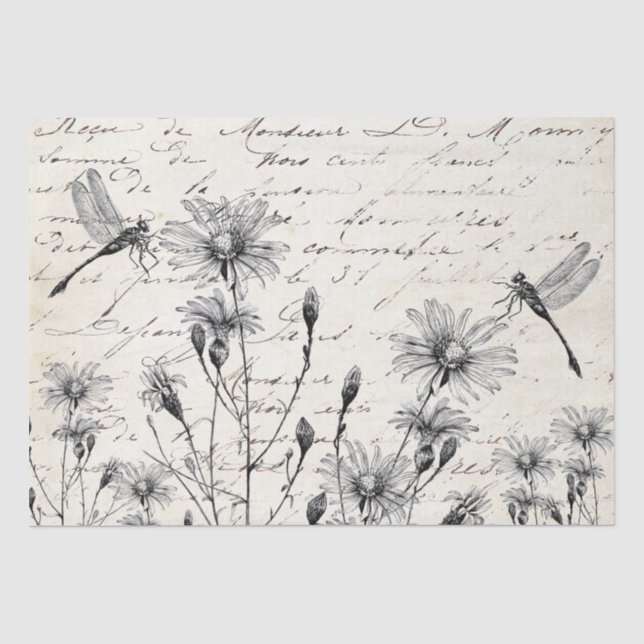 GROßE französische Schreibschrift Wildblumen Libel Seidenpapier (Vorderseite)