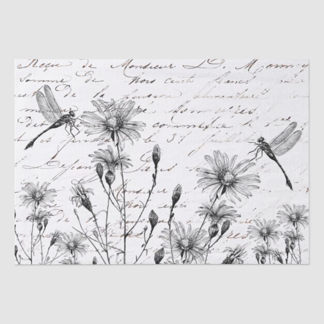 GROßE französische Schreibschrift Wildblumen Libel Seidenpapier (Vorderseite)