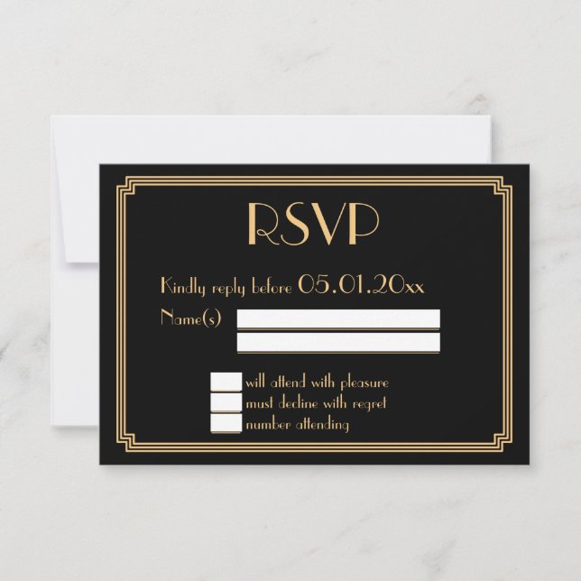 Große Gatsby Kunst-Deko-Schwarz-Goldhochzeit UAWG RSVP Karte (Vorderseite)