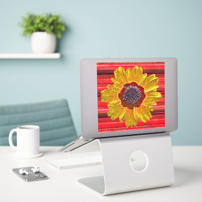 Große gelbe Blume auf der Aufkleber mit roten Stre (Laptop auf Schreibtisch)