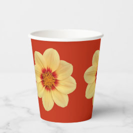 Große gelbe Dahlia auf rotem Blumenmuster Pappbecher