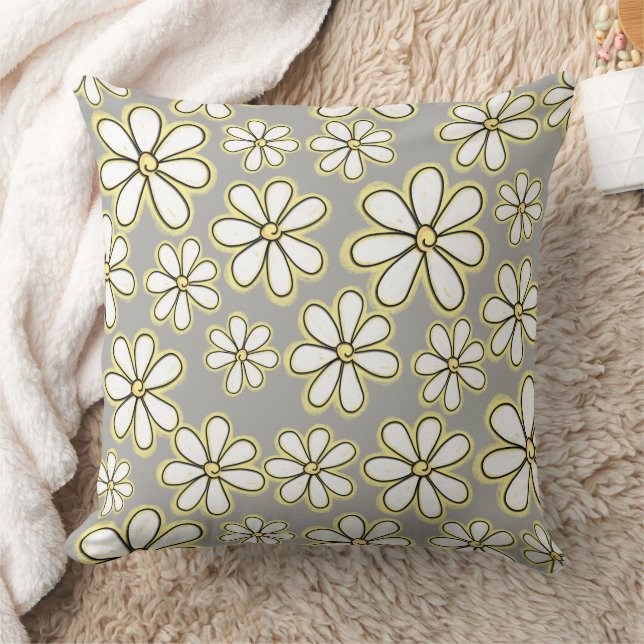 Große, gelbe Daisy-Blume auf grauem Muster Kissen (Decke)