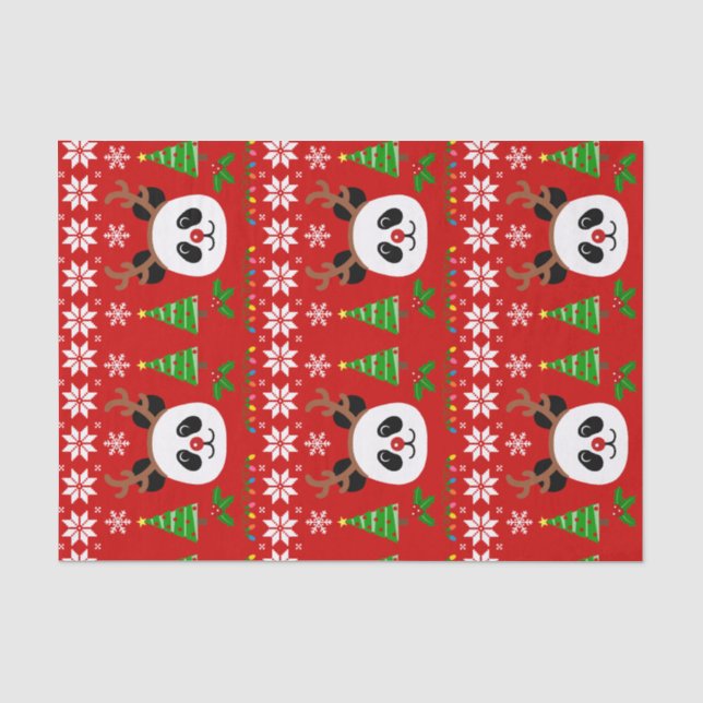 Große Gesichts-Panda-Cartoon-Weihnachtsgeweihe Seidenpapier (Vorderseite)