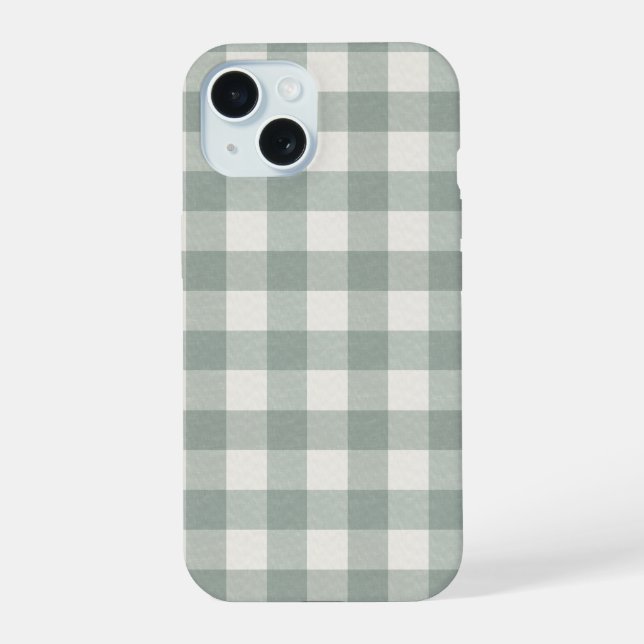Große Gingham-Karo Karomuster helles Salbeigrün iPhone 15 Hülle (Rückseite)