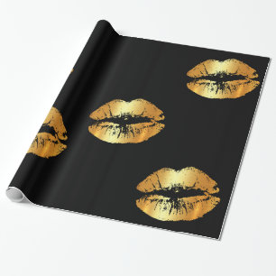 Große goldene Lippenküsse auf schwarzem Packpapi Geschenkpapier