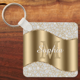 Große Goldmonogramm, weißer Skriptname, Diamanten Schlüsselanhänger