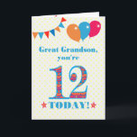 Große Grandson 12. Geburtstagskarte Karte<br><div class="desc">Eine bunte Geburtstagskarte für einen 12-jährigen Urenkel. Die große Nummer 12 ist mit einem orangefarbenen, roten und blauen Muster gefüllt, das in hellblau dargestellt ist. Oben sind Ballons und Bollen, in passenden Farben, und der Gruß auf der Titelseite ist: 'Großer Enkel, du bist heute 12!' in hellroten und blauen Buchstaben,...</div>