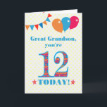 Große Grandson 12. Geburtstagskarte Karte<br><div class="desc">Eine bunte Geburtstagskarte für einen 12-jährigen Urenkel. Die große Nummer 12 ist mit einem orangefarbenen, roten und blauen Muster gefüllt, das in hellblau dargestellt ist. Oben sind Ballons und Bollen, in passenden Farben, und der Gruß auf der Titelseite ist: 'Großer Enkel, du bist heute 12!' in hellroten und blauen Buchstaben,...</div>