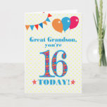 Große Grandson 16. Geburtstagskarte Karte<br><div class="desc">Eine bunte Geburtstagskarte für einen 16-jährigen Urenkel. Die große Zahl 16 ist mit einem orangefarbenen, roten und blauen Muster gefüllt, das in hellblau dargestellt ist. Oben sind Ballons und Bollen, in passenden Farben, und der Gruß auf der Titelseite ist: 'Großer Enkel, du bist heute 16!' in hellroten und blauen Buchstaben,...</div>