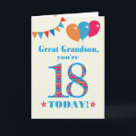 Große Grandson 18. Geburtstagskarte Karte<br><div class="desc">Eine bunte Geburtstagskarte für einen 18-jährigen Urenkel. Die große Zahl 18 ist mit einem orangefarbenen, roten und blauen Muster gefüllt, das in hellblau dargestellt ist. Oben sind Ballons und Bollen, in passenden Farben, und der Gruß auf der Titelseite ist: 'Großer Enkel, du bist heute 18!' in hellroten und blauen Buchstaben,...</div>