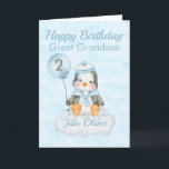 Große Grandson Blue Penguin 2. Geburtstagskarte Karte<br><div class="desc">Eine niedliche Große Grandson 2. Geburtstagskarte für Pinguine. Auf der Karte befindet sich ein Pinguin, der auf einer Wolke sitzt und einen Ballon hält. Ein süßes Design für Ihren Urenkel oder Enkel, der 2 Jahre alt wird. Fügen Sie den Namen des Kindes auf die Vorderseite der Karte, um es für...</div>