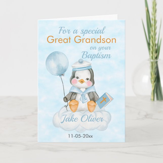 Große Grandson Blue Pinguin Taufkarte Karte (Vorderseite)