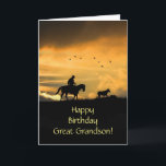 Große Grandson Happy Birthday Cowboy und Pferd Karte<br><div class="desc">Große Enkel glücklichen Geburtstagskarte Western Stil! Ein Cowboy reitet sein Pferd in einem südwestlichen Sonnenuntergang und fährt auf seinem Pferd eine Zuhause mit einem Lenker.  Eine coole Nachricht auch drinnen!</div>