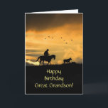 Große Grandson Happy Birthday Cowboy und Pferd Karte<br><div class="desc">Große Enkel glücklichen Geburtstagskarte Western Stil! Ein Cowboy reitet sein Pferd in einem südwestlichen Sonnenuntergang und fährt auf seinem Pferd eine Zuhause mit einem Lenker.  Eine coole Nachricht auch drinnen!</div>