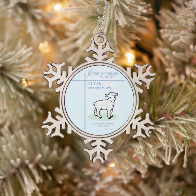 Große Grandson Taufe Blaues Lamm Personalisiert Schneeflocken Zinn-Ornament (Baum)
