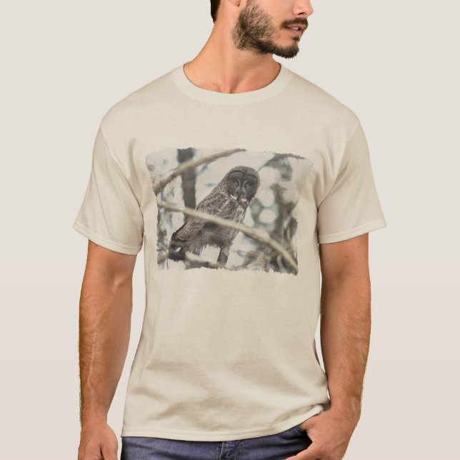 Große graue Eule mit Maus Wildlife Art T-Shirt (Vorderseite)