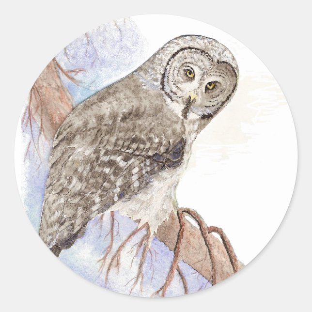 Große graue Eule, Vögel, Natur, Wildtiere, Aufkleb Runder Aufkleber (Vorderseite)