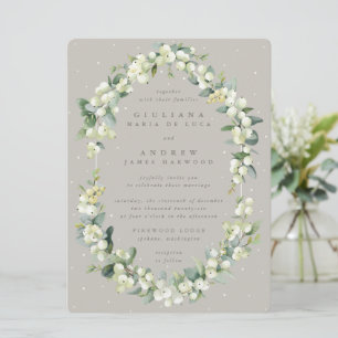 Große Greige-Snowberry+Eukalyptus-Winterhochzeit Einladung